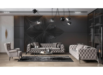 Sala de estar gris claro Chesterfield 4+3 sofá de lujo sillón