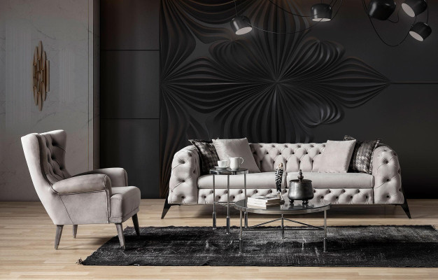 Sala de estar gris claro Chesterfield 4+3 sofá de lujo sillón