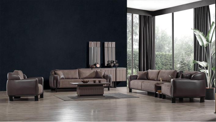 Conjunto de sala marrón de cuero 3 plazas Sofá Sillón Mesa de centro 4 piezas