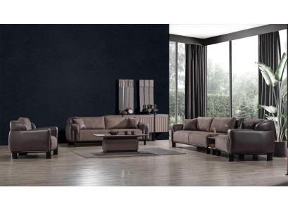 Conjunto de sala marrón de cuero 3 plazas Sofá Sillón Mesa de centro 4 piezas