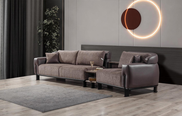 Conjunto de sala marrón de cuero 3 plazas Sofá Sillón Mesa de centro 4 piezas