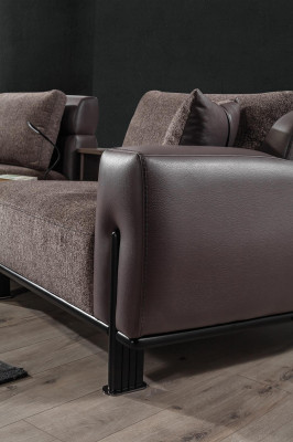 Conjunto de sala marrón de cuero 3 plazas Sofá Sillón Mesa de centro 4 piezas