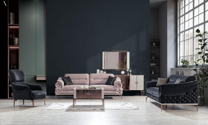 Elegante conjunto de sala de estar - diseñador de tres plazas - sillón tapizado - mesa de centro.
