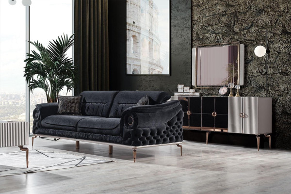 Set de sala de estar negro Sofá exclusivo Sillón RTV mueble de salón