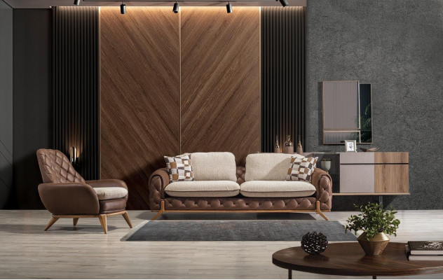 Elegante conjunto de sala de estar de cuero marrón estilo diseñador de 3 plazas con 2 sillones