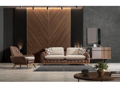 Elegante conjunto de sala de estar de cuero marrón estilo diseñador de 3 plazas con 2 sillones