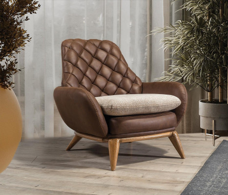 Elegante conjunto de sala de estar de cuero marrón estilo diseñador de 3 plazas con 2 sillones