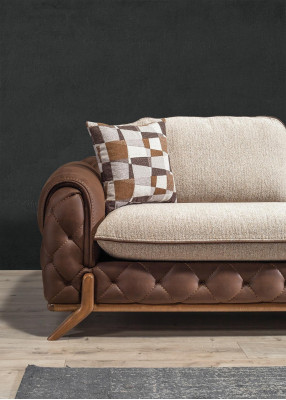 Elegante conjunto de sala de estar de cuero marrón estilo diseñador de 3 plazas con 2 sillones