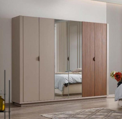 Armario beige para ropa, armarios de dormitorio con puertas de cristal, armario de 6 puertas.