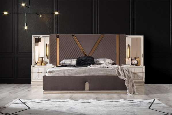 Conjunto de dormitorio de diseñador conjunto de cama doble de lujo 2 mesitas de noche de madera 3 piezas nuevo