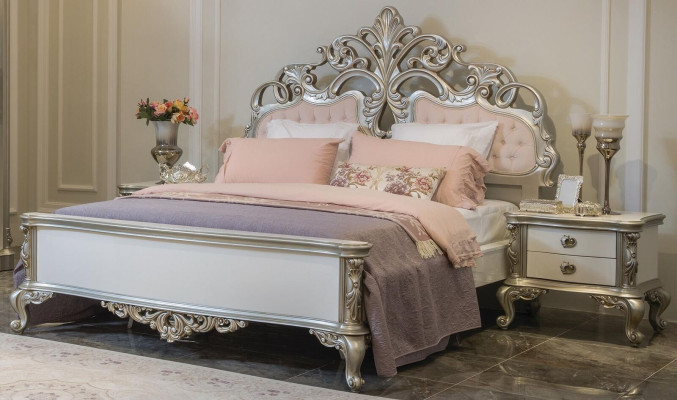 Muebles de cama plateados y rosados, muebles de dormitorio, camas de diseño de lujo de madera barroca.
