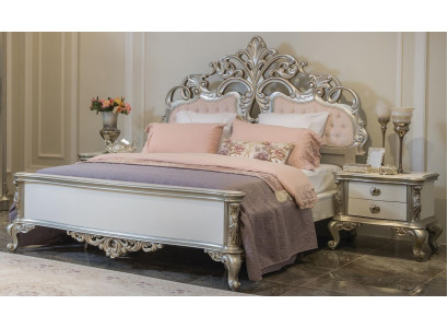 Muebles de cama plateados y rosados, muebles de dormitorio, camas de diseño de lujo de madera barroca.