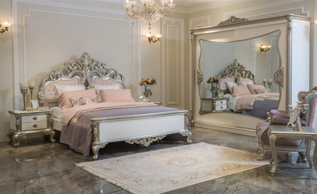 Muebles de cama plateados y rosados, muebles de dormitorio, camas de diseño de lujo de madera barroca.