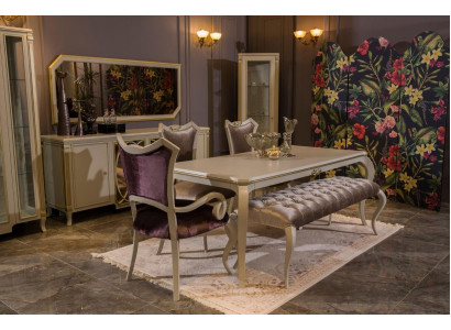Conjunto de comedor de diseño 8 piezas, mesa de comedor, silla, cómoda, vitrina, taburete, madera.