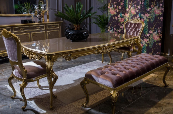 Clásico juego de comedor, mesa, silla, aparador, espejo, taburete, 6 piezas.