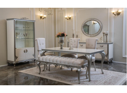 Conjunto de comedor de 9 piezas, mesa, silla, cómoda, vitrina, espejo, mesas de comedor de madera.