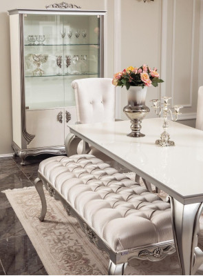 Conjunto de comedor de 9 piezas, mesa, silla, cómoda, vitrina, espejo, mesas de comedor de madera.