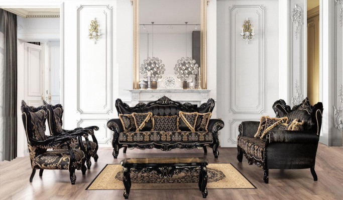 Muebles de estilo barroco negro, conjunto de sofás, sofá, sofá cama, muebles tapizados, mesa, 5 piezas.