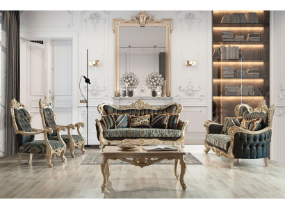 Conjunto de sofá Sofá Cama Barroco Rococó Set Mesa de centro Turquesa 5 piezas. Oro