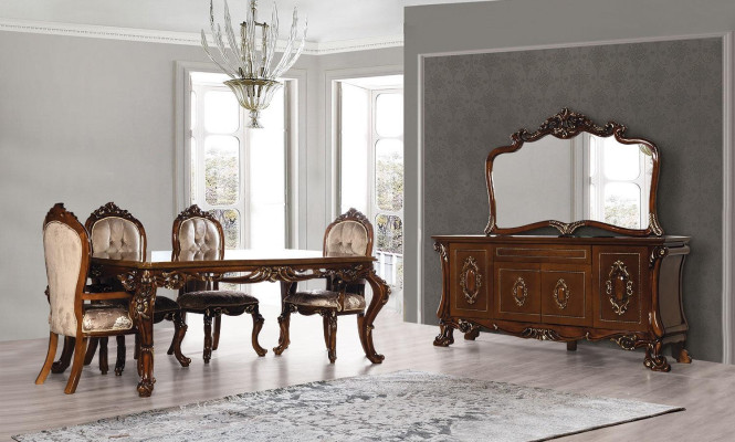 Conjunto exclusivo de comedor clásico con aparador y espejo.