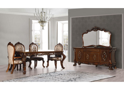 Conjunto exclusivo de comedor clásico con aparador y espejo.