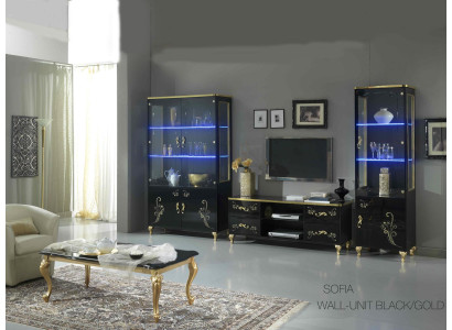 Conjunto de sala de estar con vitrina, mueble bajo y estante de pared, conjunto de 3 piezas, paredes negras.