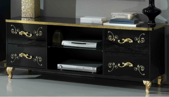 Conjunto de sala de estar con vitrina, mueble bajo y estante de pared, conjunto de 3 piezas, paredes negras.