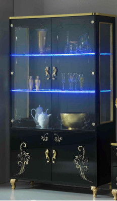 Conjunto de sala de estar con vitrina, mueble bajo y estante de pared, conjunto de 3 piezas, paredes negras.
