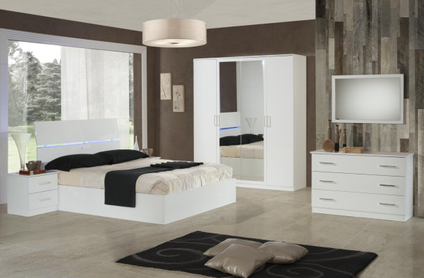 Cama doble Cama 2x Mesitas de noche Diseño de madera Camas Estilo moderno de 3 piezas con luz LED