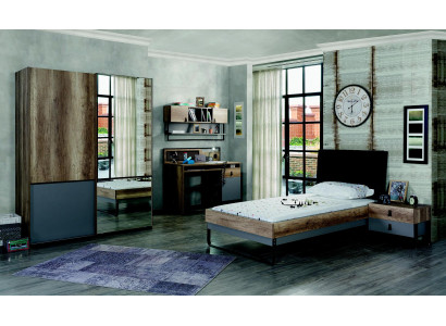 Conjunto moderno de dormitorio juvenil de 6 piezas: cama, mesita de noche, mesa, estantería de pared para el dormitorio.