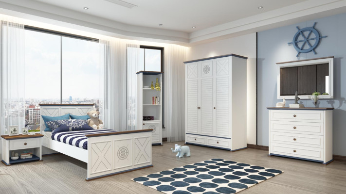 Habitación juvenil completa Cama individual Armario Cómoda con espejo Diseño 6 piezas