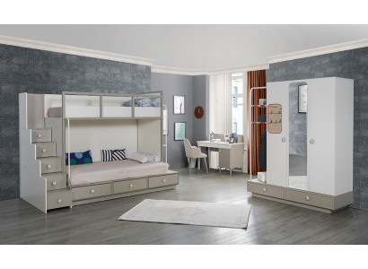 Juego de dormitorio infantil de madera con litera, cama alta y mesa de 3 piezas.