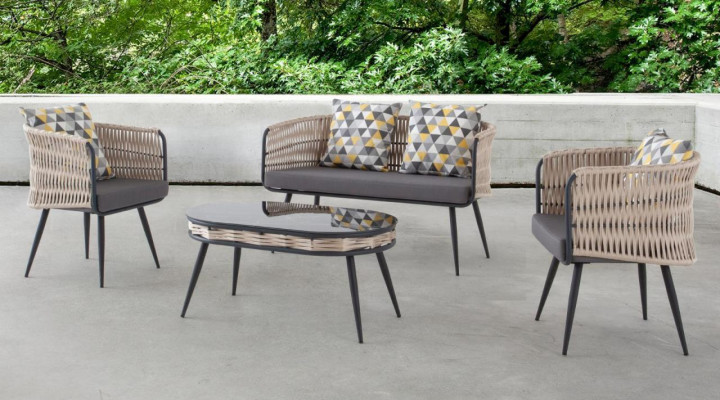 Muebles de jardín Conjunto de sofá Mesa Taburete Sillón Porche Conjunto de asientos de 4 piezas.