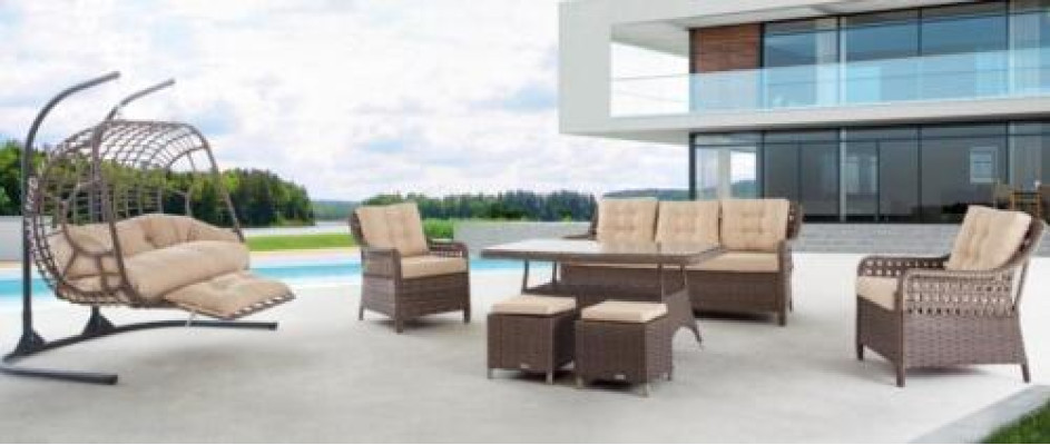 Muebles de jardín, conjunto de sofá, mesa, sillón, grupo de asientos, porche, taburete, juego de 6 piezas.