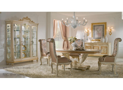 Grupo de comedor de lujo con mesa de comedor, silla, vitrina y tocador beige, juego de 7 piezas.