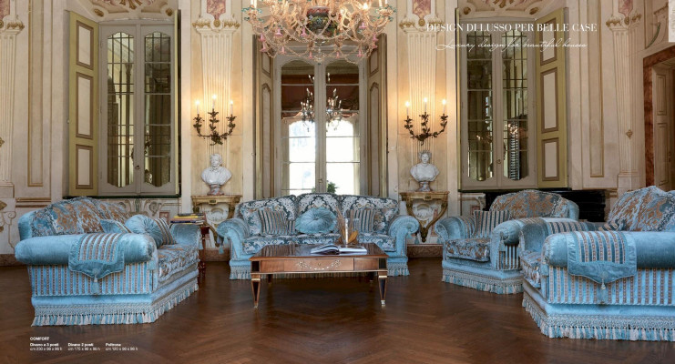 Tres plazas Sofá 3 plazas Sofás Tela Lujo Madera Sala de estar Muebles Azul