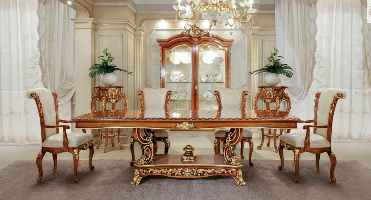 Grupo de comedor Rincón de comedor Comedor Mesa de comedor Silla Conjunto marrón Barroco Dorado Set de 5 piezas
