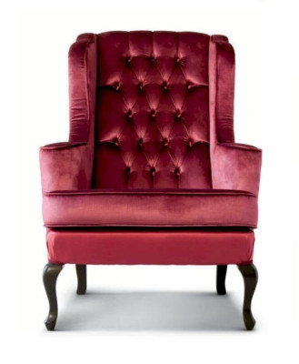 Sillón de lujo, asiento, 1 asiento, tela roja, mobiliario de salón Chesterfield.