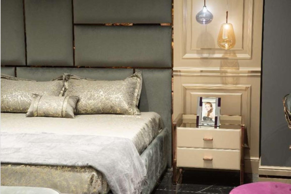 Grupo de diseño de dormitorio cama doble cama mesitas de noche conjunto de 6 piezas beige.