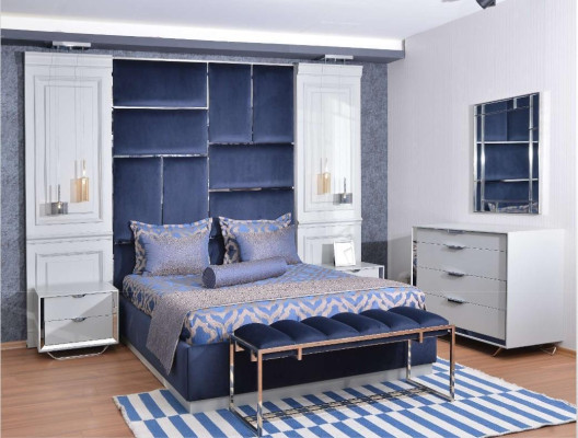 Grupo de diseño de dormitorio cama doble mesitas de noche set 7 piezas azul