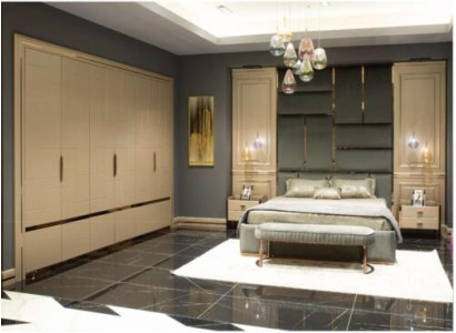 Grupo de muebles de dormitorio Cama doble Cama Beige Moderno Juego de 5 piezas de madera