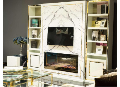 Mueble de salón RTV Lowboard Soporte de TV Blanco Lujo Oro Vittinen Madera Moderno