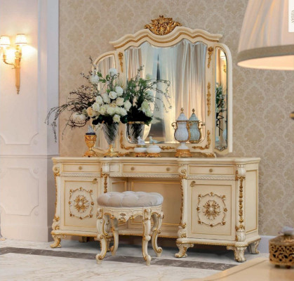 Tocador barroco espejo consola mesa madera beige set dormitorio