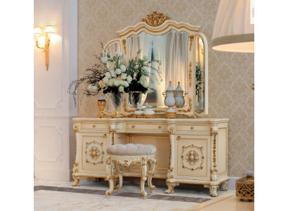 Tocador barroco espejo consola mesa madera beige set dormitorio