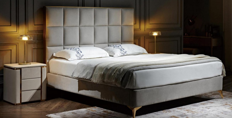 Diseño cama dormitorio camas textil hotel lujo tapizado asiento tela muebles nuevo.