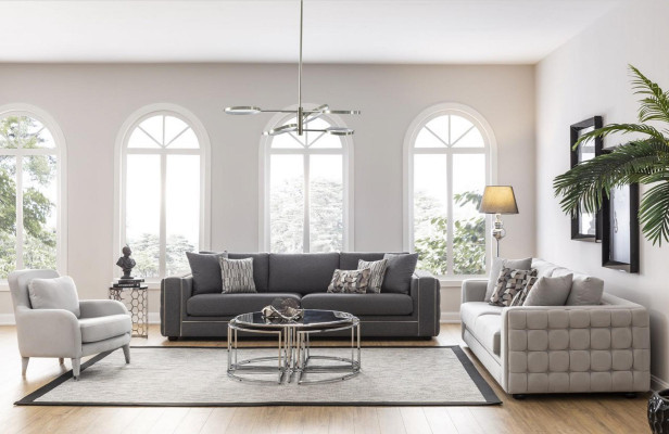 Sofá de salón de lujo de 2 plazas en color gris Chesterfield, nuevo.