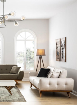 Sofá clásico de 2 plazas diseño sala de estar tapizado madera cuero moderno de lujo Beige