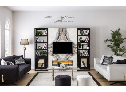 Mueble de salón de lujo con armario de televisión de imitación de mármol negro de 270 cm.