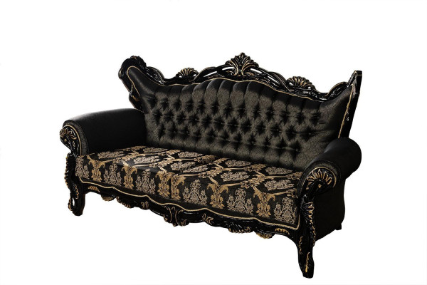Chesterfield sofá de tres plazas de estilo barroco en tela dorada.