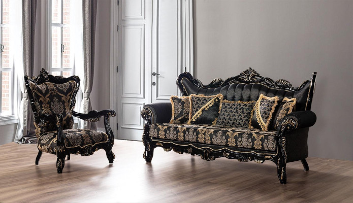 Chesterfield sofá de tres plazas de estilo barroco en tela dorada.